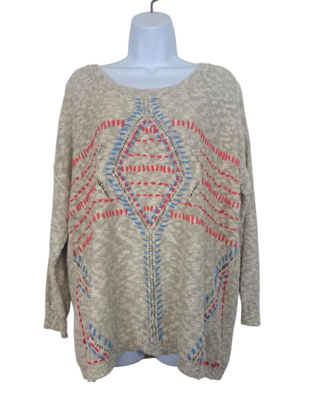 Maurices Boho Knit Sweater Sz2 plus Neutral Open Stitch Embroidered Lightweight